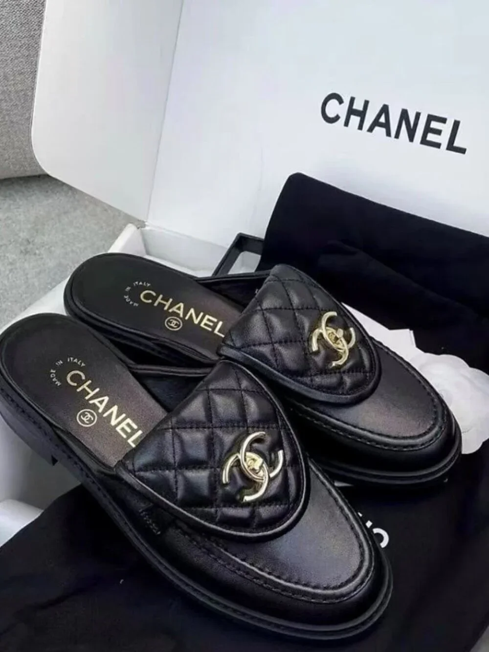 CHANEL Classic Gold Logo Quilted Mules